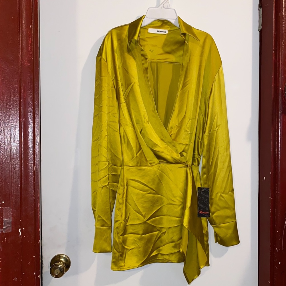 Monaco long sleeve yellow tunic top mini dress with collar